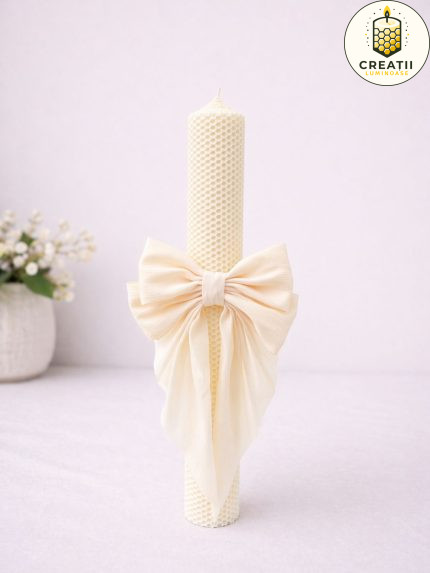 Lumânare Ceară Naturală cu Fundă Ivory
