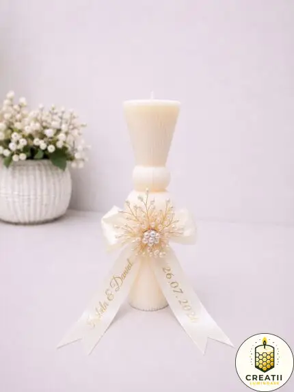 Lumânare Clepsidră Ivory cu Broșă de Perle Fundă Personalizată