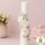 Lumânare Turnată Conic Striat Albă Decorată Flori Albe