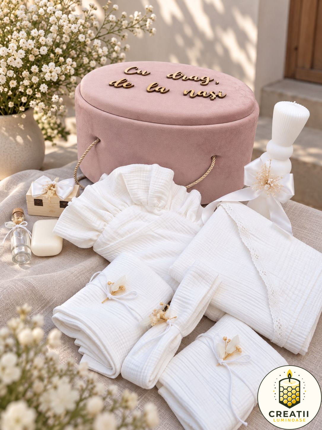 Trusou de botez premium din muselină roz