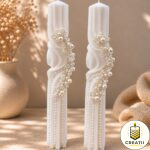 Set 2 Lumânări Spiralate Albe Decorate cu Perle