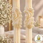 Set 2 Lumânări Spiralate Ivory Decorate cu Perle