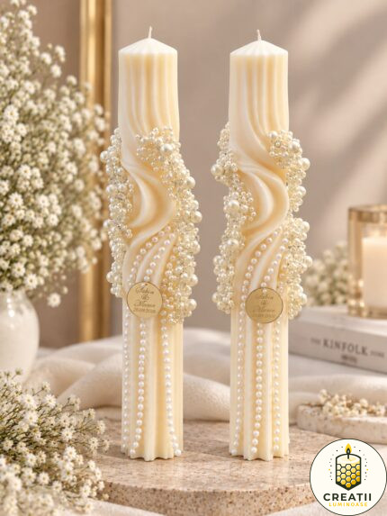 Set 2 Lumânări Spiralate Ivory Decorate cu Perle