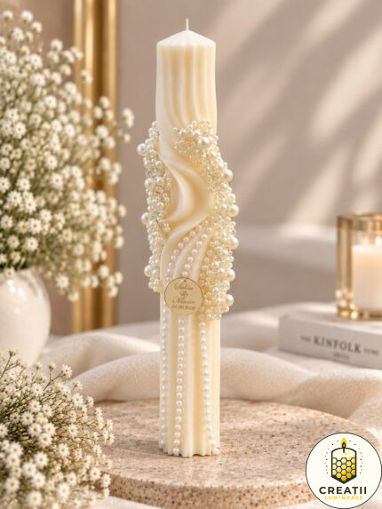 Lumânare Spiralată Ivory Decorată cu Perle